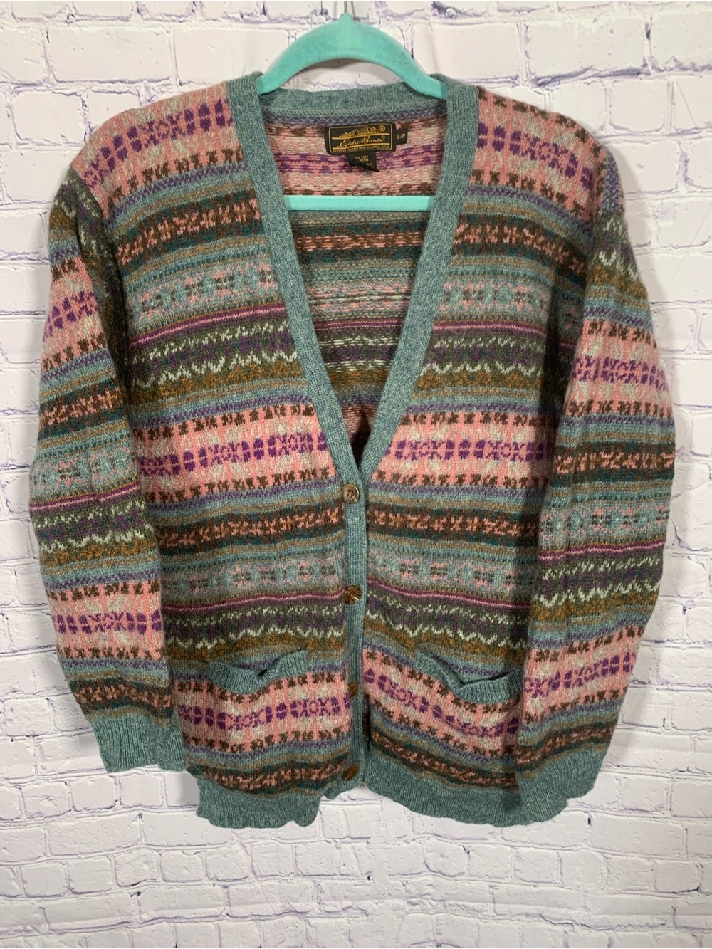Eddie Bauer Womens VTG Fair Isle V-Neck Cardigan Multi Sz S Fisherman Old Money